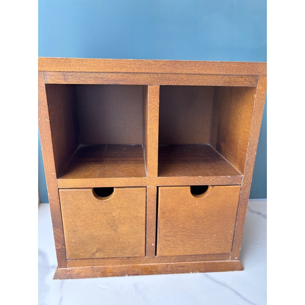 Wooden Desktop Organizer 2 Cubby 2 Drawer Brown Wood Storage Chest